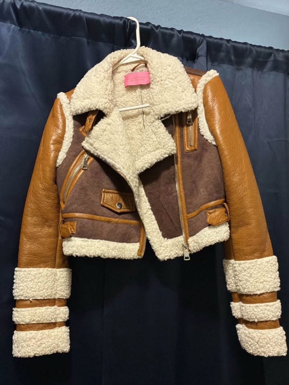 Azalea Wang Womens Brown & Cream Sherpa Leather Bomber Jacket Small